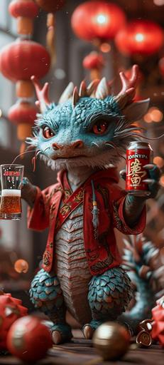 featuring a chinese dragon Wearing red hoodie, gray and red color,The dragon is supposed to be depicted raising its hands, a glass of craft beer in hand,