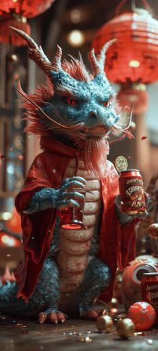 featuring a strong chinese dragon Wearing red hoodie,mainly gray and red color,The dragon is supposed to be depicted raising its hands, a glass of craft beer in hand,