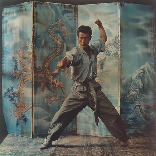 felice beato's 1950s art studio portrait, full body height portrait, spotlight, handsome tai chi master practicing yang form, blue dragon trifold Chinese screen in background. --s 300 --c 9