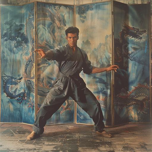 felice beato's 1950s art studio portrait, full body height portrait, spotlight, handsome tai chi master practicing yang form, blue dragon trifold Chinese screen in background. --s 400 --c 5