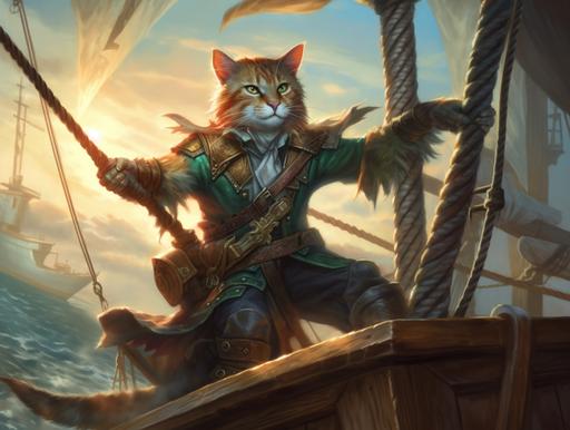 feline humanoid pirate, climbing the ship pole, pirate ship, sea, ocean, sun light, bright colors, fantasy medieval art style, magic the gathering, dungeons and dragons --ar 4:3 --v 5