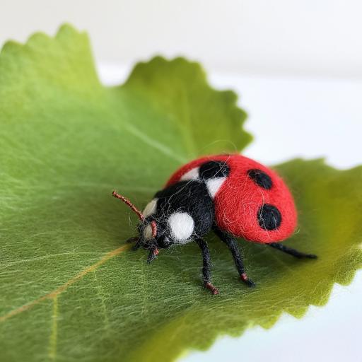 felted | mierlu::0 needle felted wool ladybug, landed delicately on a real leaf in nature, high detail --stylize 0 --v 6.0