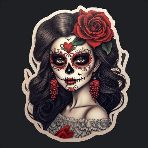 femail, sugar skull, make up, red lips, black roses, sexy, cinematic, dramatic, sticker