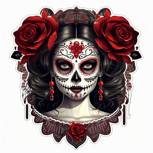 femail, sugar skull, make up, red lips, black roses, sexy, cinematic, dramatic, sticker