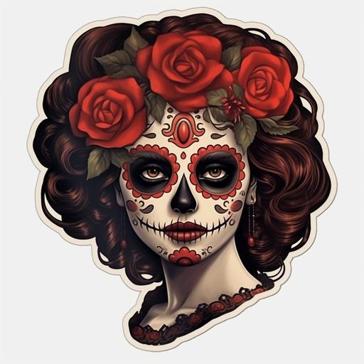 femail, sugar skull, make up, red lips, black roses, sexy, cinematic, dramatic, sticker