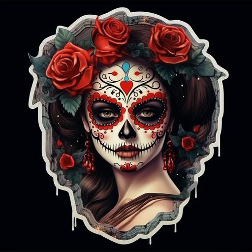 femail, sugar skull, make up, red lips, black roses, sexy, cinematic, dramatic, sticker