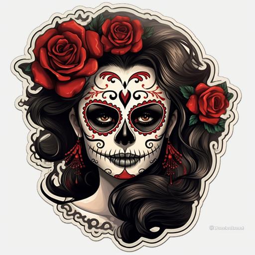 femail, sugar skull, make up, red lips, black roses, sexy, cinematic, dramatic, sticker