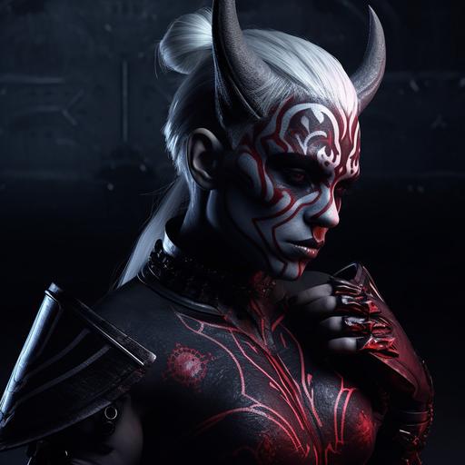 femal Darth Maul as a female drow dark elf warrior, white hair, hyper detailed black armor, red tattoos, photo realistic, unreal engine, cinematic background