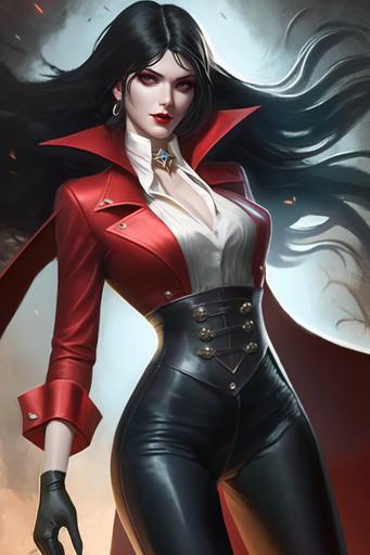 female Alucard, black hair, red long coat, black pants, pixiv masterpiece by ufotable, best quality illustration, ultra-detailed, face focus, dynamic pose, overhead angle, frontview portrait, anime waifu(20-years-old)-hot-babe-flirty-bodylanguage, fit-thick-build, gorgeous face-perfect symmetric, mansion background, subsurface-scattering, stable-diffusion, glows, sparkles, iridescence, high contrast, rtx[shading(focal/hardlight-diffused/ambientlight)-lighting(nadir-zenith-selective)-stylized-highcontrast-highsharpness], ufotable, sololeveling, finer hair, darker shadows --ar 2:3 --niji