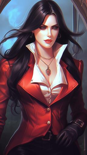 female Alucard, wearing red long coat, black glossy latex pants, white shirt, golden collar, long black smooth hair, hot babe, flirty bodylanguage, fit thick build, gorgeous face in the style of photorealistic eye, nightcore, luminous shadows, comic art, 32k uhd, splash art, mansion background --ar 9:16  --s 700 --c 70 --v 5.1