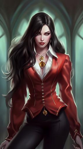 female Alucard, wearing red long coat, black glossy latex pants, white shirt, golden collar, long black smooth hair, hot babe, flirty bodylanguage, fit thick build, gorgeous face in the style of photorealistic eye, nightcore, luminous shadows, comic art, 32k uhd, splash art, mansion background --ar 9:16  --s 700 --c 70 --q 2 --v 5.1