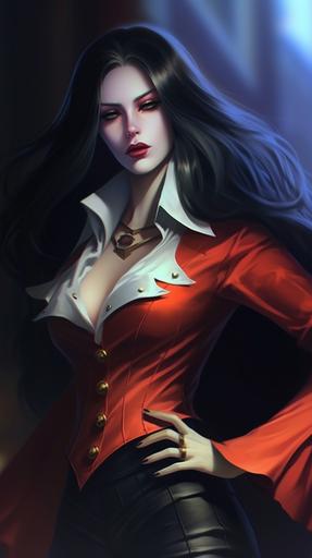 female Alucard, wearing red long coat, black glossy latex pants, white shirt, golden collar, long black smooth hair, hot babe, flirty bodylanguage, fit thick build, gorgeous face in the style of photorealistic eye, nightcore, luminous shadows, comic art, 32k uhd, splash art, mansion background --ar 9:16  --s 700 --c 70 --v 5.1