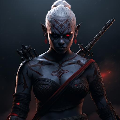 female Darth Maul as a female drow dark elf warrior, white hair, hyper detailed black armor, red tattoos, muscles, photo realistic, unreal engine, cinematic background