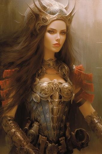 female INquisitor, full body, beautiful female wearing armor, fantasy art by Royo Brom and Giger --c 30 --ar 2:3 --v 5.1