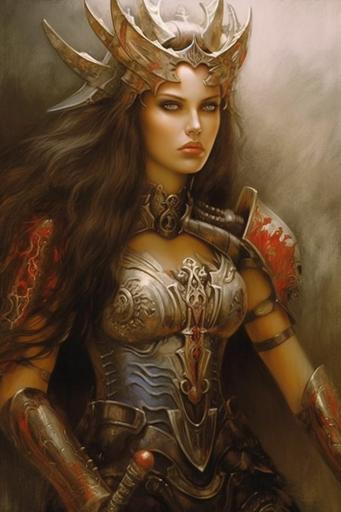 female INquisitor, full body, beautiful female wearing armor, fantasy art by Royo Brom and Giger --c 30 --ar 2:3 --v 5.1