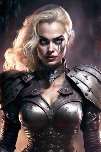 female Margot Robbie, young queen of humanlike mechanical warewolves, fighting an army of hungry humanlike vampires, raw, big chest, open chest, town up latex costume, Boris Vallejo style, ultra detailed face, illuminated face, high contrast, sharp edges, full body view, athletic, glowing eyes, poised look, wide hips, leather gloves, boots, vintage movie poster, cosmic graveyard theme, planet Dagobah theme, cinematic lighting, action, motion, depth of field, --ar 2:3 --q 2 --v 4
