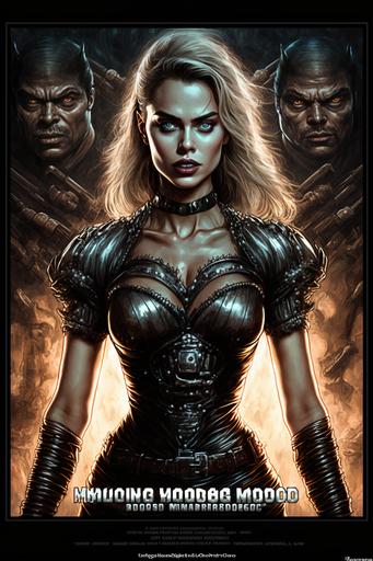 female Margot Robbie, young queen of intergalactic humanlike mechanical warewolves, fighting an army of hungry mechanical humanlike vampires, raw, big chest, open chest, leather, Boris Vallejo style, ultra detailed face, illuminated face, high contrast, sharp edges, full body view, slim, wide hips, leather gloves, boots, vintage movie poster, cosmic graveyard theme, planet Dagobah theme, cinematic lighting, action, motion, depth of field, --ar 2:3 --q 2 --v 4