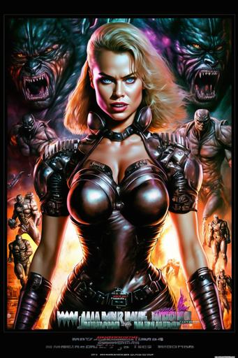 female Margot Robbie, young queen of intergalactic humanlike mechanical warewolves, fighting an army of hungry mechanical humanlike vampires, raw, big chest, open chest, leather, Boris Vallejo style, ultra detailed face, illuminated face, high contrast, sharp edges, full body view, athletic, glowing eyes, wide hips, leather gloves, boots, vintage movie poster, cosmic graveyard theme, planet Dagobah theme, cinematic lighting, action, motion, depth of field, --ar 2:3 --q 2 --v 4