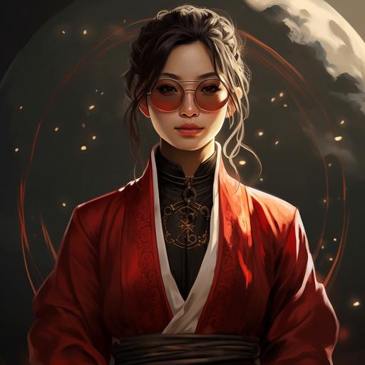 female Monk asian firebender, fantasy, high fantasy, artistic, wearing a white red and black robe, wearing Round glasses