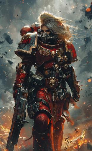 female Warhammer chaos warrior is standing in a fire with a gun, in the style of dark gray and gold, bold brushstrokes, fantasy art, otherworldly beings, dark red and dark black, mechanical designs, volumetric lighting --ar 17:28 --c 35 --s 400 --v 6.0