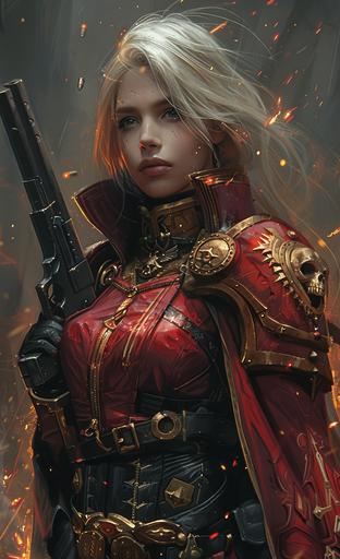 female Warhammer chaos warrior is standing in a fire with a gun, in the style of dark gray and gold, bold brushstrokes, fantasy art, otherworldly beings, dark red and dark black, mechanical designs, volumetric lighting --ar 17:28 --c 35 --s 400 --v 6.0