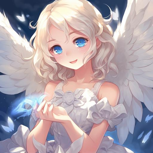 female adorable angel, short blonde,light blue eyes,anime style,pokemon character,exetending hand,smiling--ar 9:16