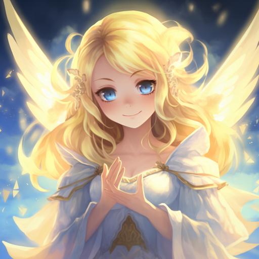 female adorable angel, short blonde,light blue eyes,anime style,pokemon character,exetending right hand,smiling,--ar 9:16