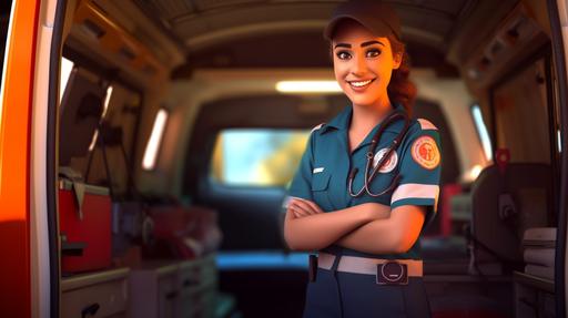 female ambulace driver standing at the back of an open ambulance. cartoon pixar. --ar 16:9
