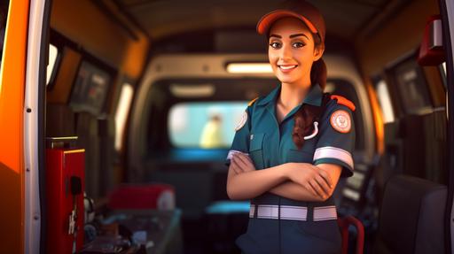female ambulace driver standing at the back of an open ambulance. cartoon pixar. --ar 16:9