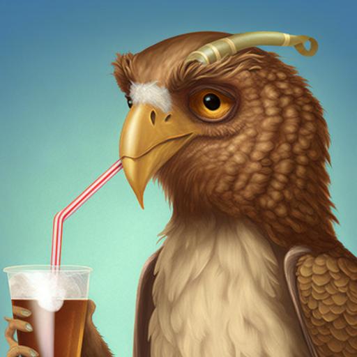 female anthropomorphic hawk drinking rootbeer float from a curly sippy straw --v 4