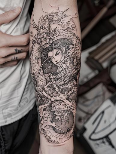female asian tattoo, in the style of black and white ink drawings, detailed character illustrations, sublime wilderness, japanese mythology, olympus xa, colorful storytelling, detailed, layered compositions, simple line work --ar 3:4