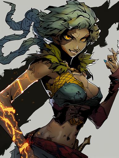 female barbarian character with snake arm skin, action pose, dynamic, ready to pounce, armorer artificer, metal armor, skin of spiny bush viper, smiling, sharp teetch, holding a lightning bolt, clear monochromatic background, colorful art, anime character, uplifting, anime art, Eiichiro Oda style, Eiichirō Oda style art,original character, masterpiece art, full body picture, upper body picture, character art, dynamic pose, aftion, well drawn, square enix rendering --v 6.0 --sref  --s 500 --ar 3:4