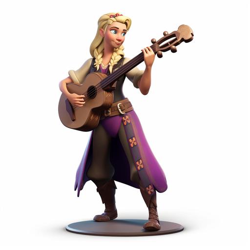 female bard with blonde pony tail, purple shirt and leather vest and pants. full body picture. She is singing and playing the lute in the style of disney infinity --v 5