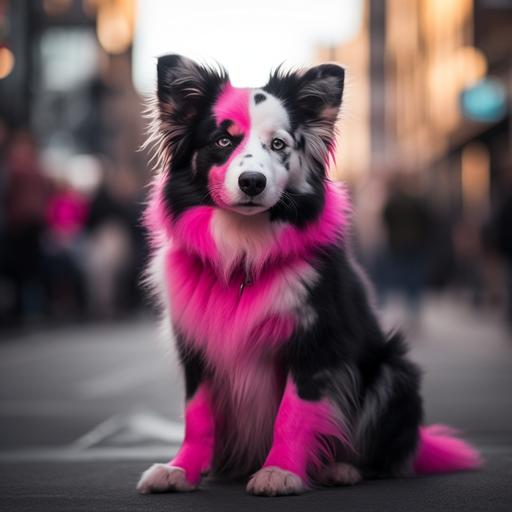 female black/pink color dog, pinkfurr, no white, colorful city background, blurry background, full body, looking at camera, cute,