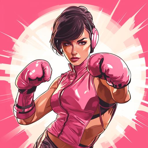 female boxerAsian Female in confident pose, middle aged, wearing pink boxing outfit with Pink boxing gloves hitting punching bag/ panfuturism art/ vector