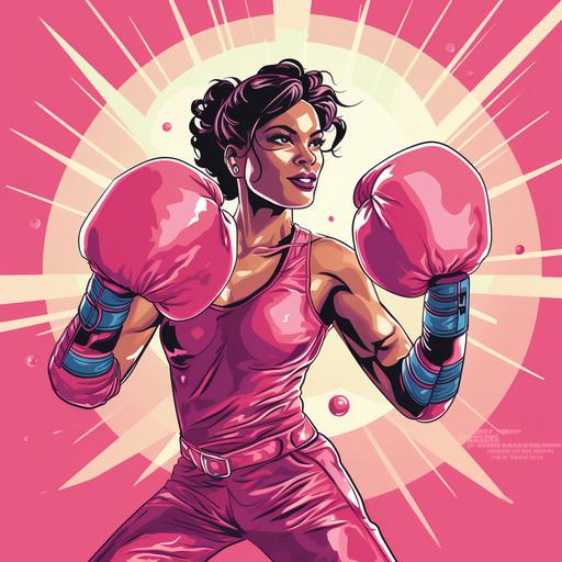 female boxerbi-racial female in confident pose, middle aged, wearing pink boxing outfit with Pink boxing gloves hitting punching bag/ panfuturism art/ vector