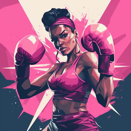 female boxerbi-racial female in confident pose, middle aged, wearing pink boxing outfit with Pink boxing gloves hitting punching bag/ panfuturism art/ vector