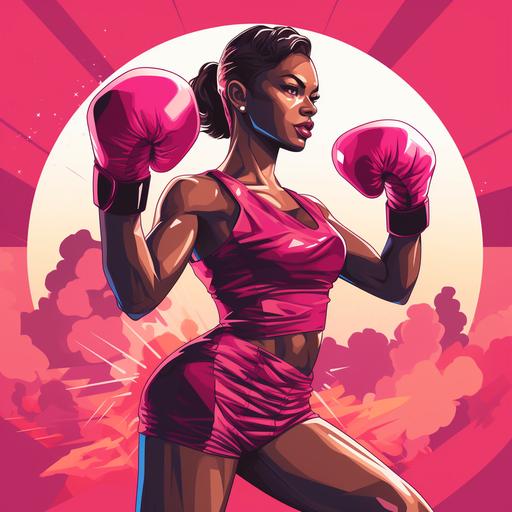 female boxerdark skinned female in confident pose, middle aged, wearing pink boxing outfit with Pink boxing gloves hitting punching bag/ panfuturism art/ vector