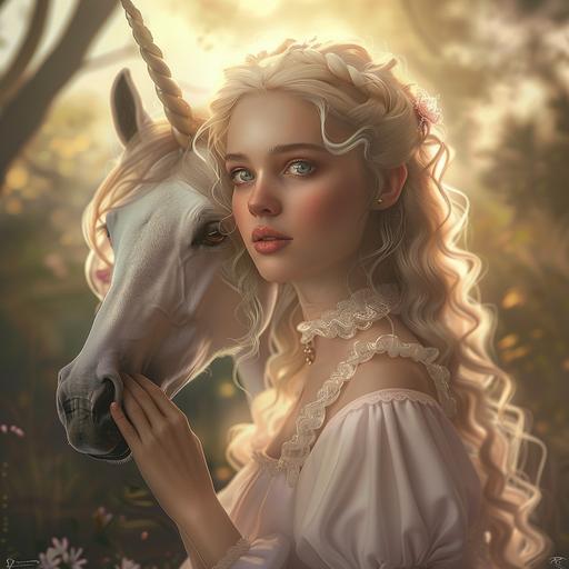female character petting a white unicorn, enchanted forest, realistic picture