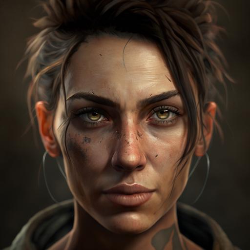 female character, portrait, short haircut, one eye blind, brown hair, scratches, big scars, unusual, 45 year-old, freckled skin, high detailed, brown hair, blush, post apocalyptic, SSAO, cinematic, photorealistic, ultra-realism, render 3d, Soft illumination, greying hair