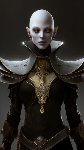 female character smite dishonoured pale Grey skin bald headed female character in black and gold in a fantasy Gothic setting --ar 9:16 --q 2 --v 5