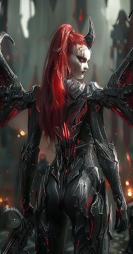 female devil with horns and red hair, in the style of cryengine, macabre illustrations, yanjun cheng, rtx on, zombiecore, detailed costumes, dark silver and red --ar 19:36 --c 35 --s 400 --v 6.0