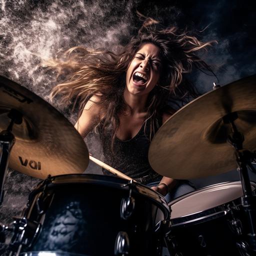 female drumming like crazy on drum set, studio shoot, camera and studio lights in the background
