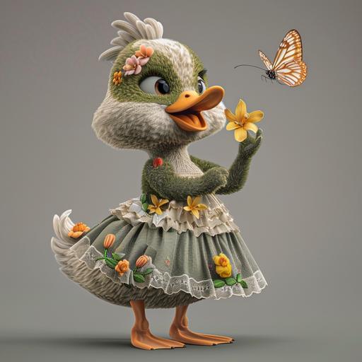 female duck mascot catching a butterfly, 3D model, topiary style, grey background, chubby face, dressed and wears skirts
