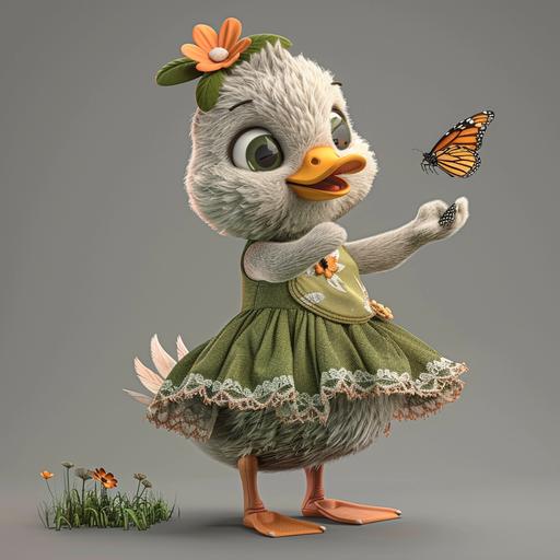 female duck mascot catching a butterfly, 3D model, topiary style, grey background, chubby face, dressed and wears skirts