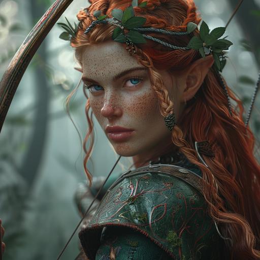 female eladrin ranger, long red hair held back by a thin floral crown, impish smile, freckled, brilliant blue eyes, slim but muscular form, she is wearing a dark green leather armour, holding a bow, moving through an enchanted forest, fantasy art, high detail, 4k, moody