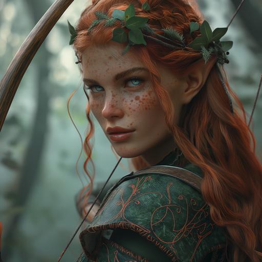 female eladrin ranger, long red hair held back by a thin floral crown, impish smile, freckled, brilliant blue eyes, slim but muscular form, she is wearing a dark green leather armour, holding a bow, moving through an enchanted forest, fantasy art, high detail, 4k, moody --v 6.0