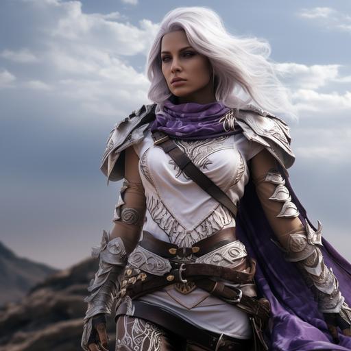 female elf knight in hyper detailed filagree and baroqur pearlescent white and dark purple armor and cloak, intricately detailed, fullarmor and purple bandana tied around head, cinematic airship background, unreal engine, muscles, tattoos, photo realistic, high fantasy, lord of the rings