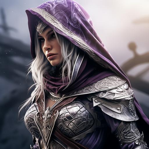 female elf knight in hyper detailed filagree and baroqur pearlescent white and dark purple armor and cloak, intricately detailed, fullarmor and purple bandana tied around head, cinematic airship background, unreal engine, muscles, tattoos, photo realistic, high fantasy, lord of the rings