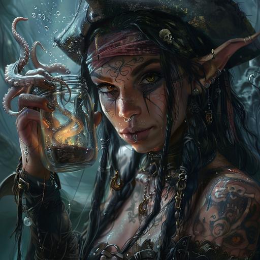 female elf, pirate, fierce, spooky, tough, art, fantasy, holding a glass jar containing an octopus
